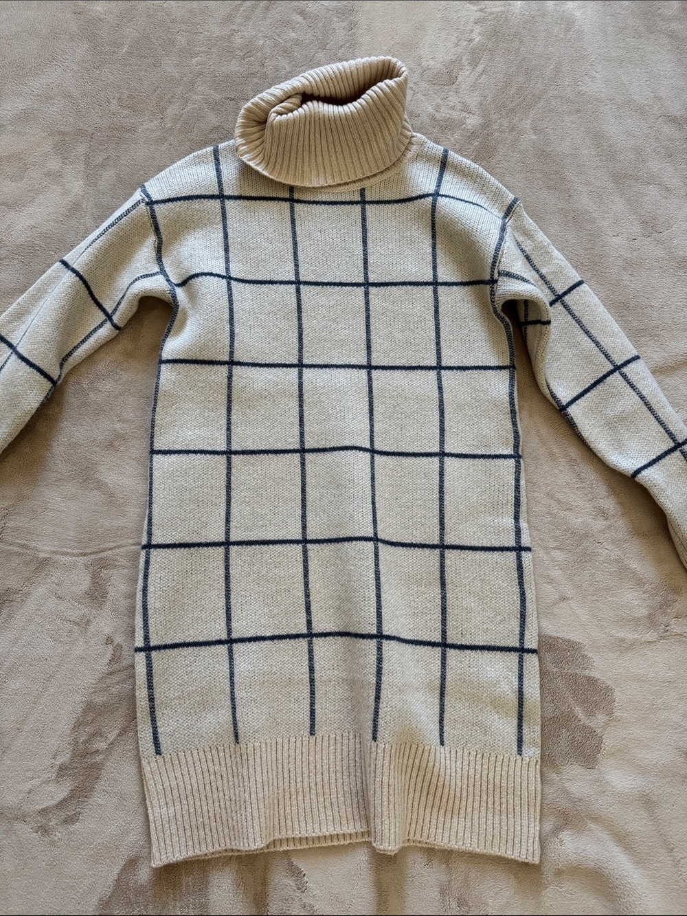 Hem & Thread Cream Turtleneck Windowpane Sweater Dress